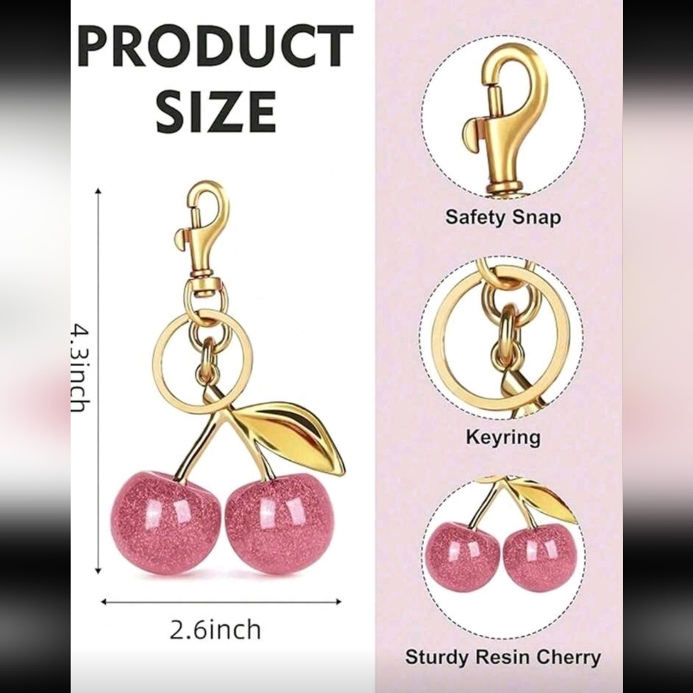 Gold Pink Cherry Keychain Bag Charm - Picture 6 of 10
